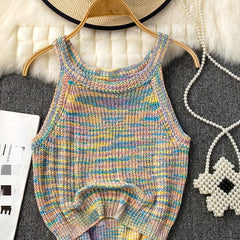 Colorful Knit Halter Neck Top Women's Clothing