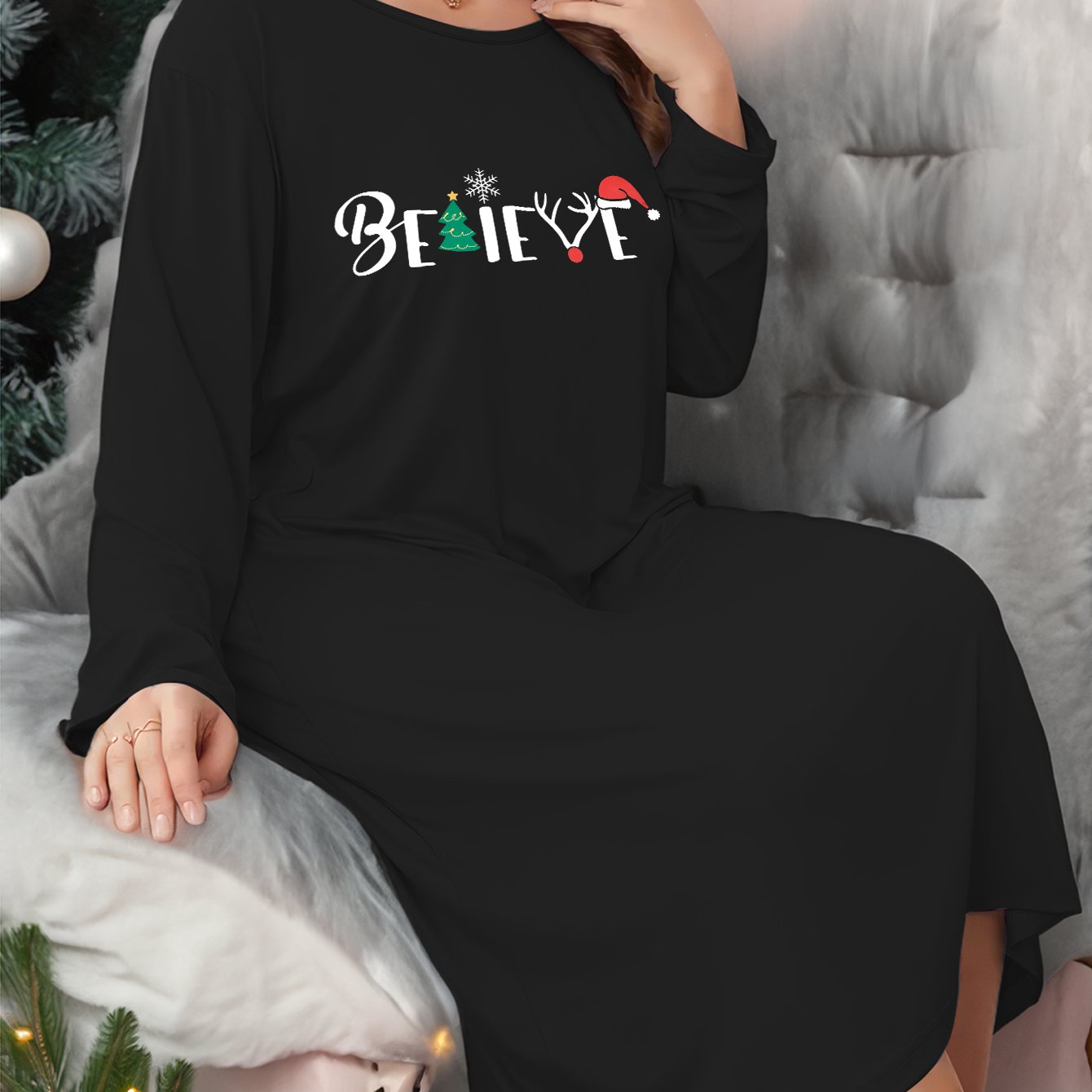 Christmas Casual Lounge Dress Women's Plus Art Letter Print