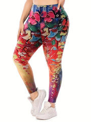 Floral Print Elastic Waist Leggings Medium Stretch