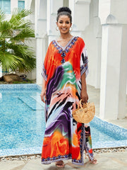 Colorful V Neck Kaftan Cover Up Sun Protection Dress