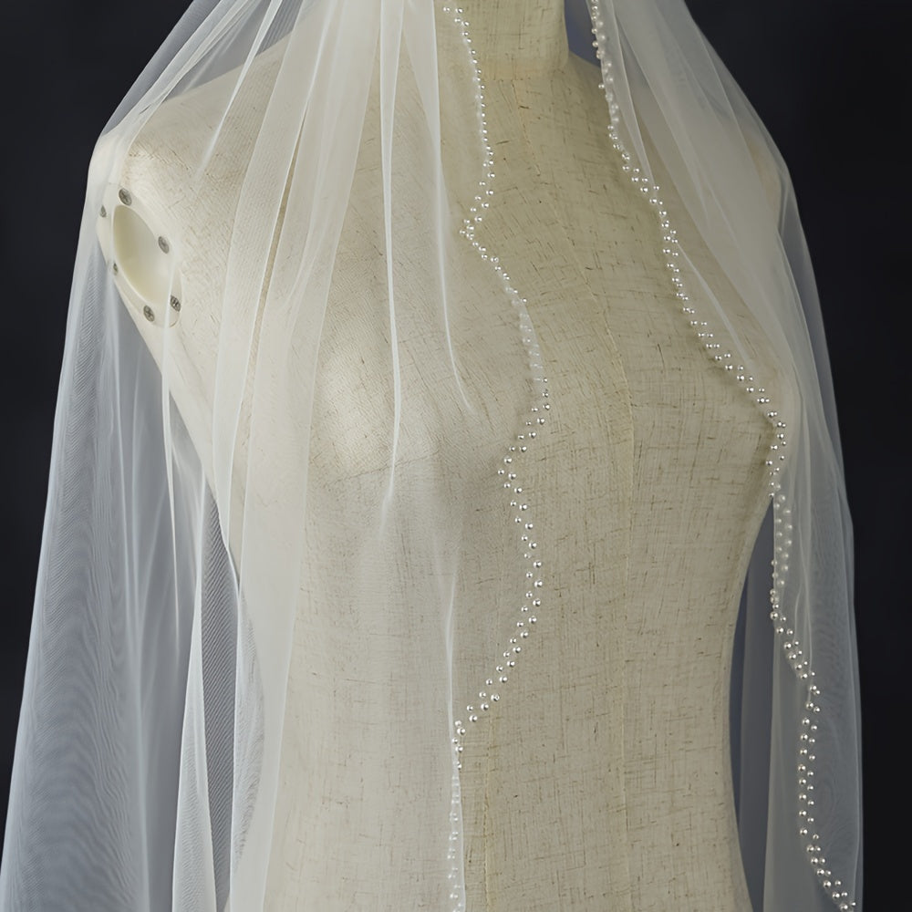 Hand Beaded Bridal Veil with Pearls Wedding Veil Fingertip Length