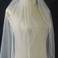 Hand Beaded Bridal Veil with Pearls Wedding Veil Fingertip Length