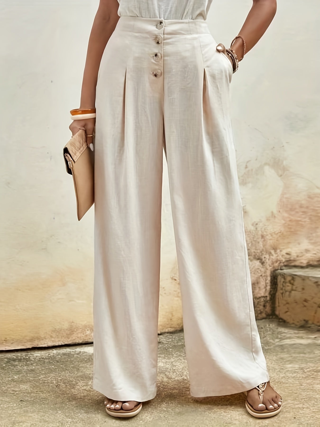 Solid Wide Leg Pants Casual Pocket Pleated Pants Women's Clothing