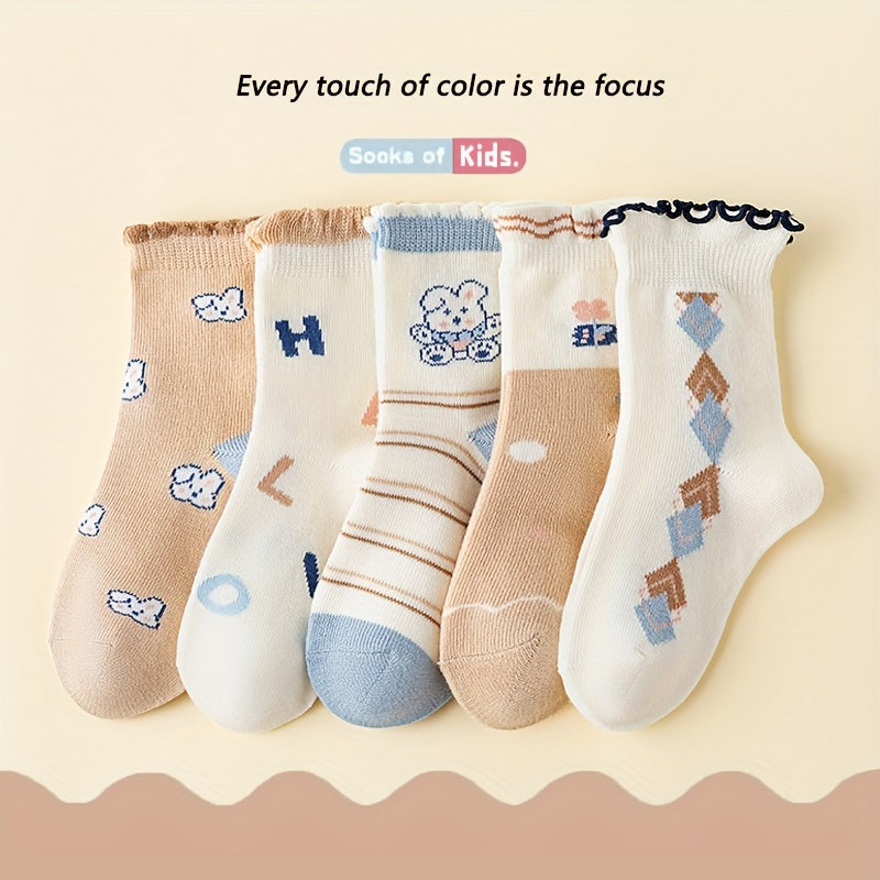 5 Pairs Girl's Knitted Crew Socks Cotton Blend Comfy Breathable Soft
