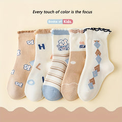 5 Pairs Girl's Knitted Crew Socks Cotton Blend Comfy Breathable Soft