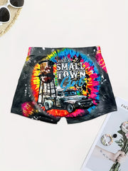 Graphic & Letter Print Skinny Shorts Sexy Elastic Waist Shorts