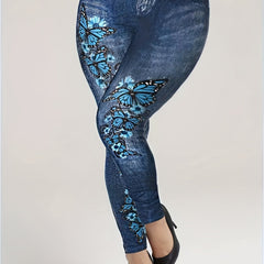 Denim & Butterfly Print Skinny Leggings Stretchy Women's Clothing