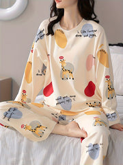 Cartoon Fawn Pajama Set Long Sleeve Crew Neck Top & Pants