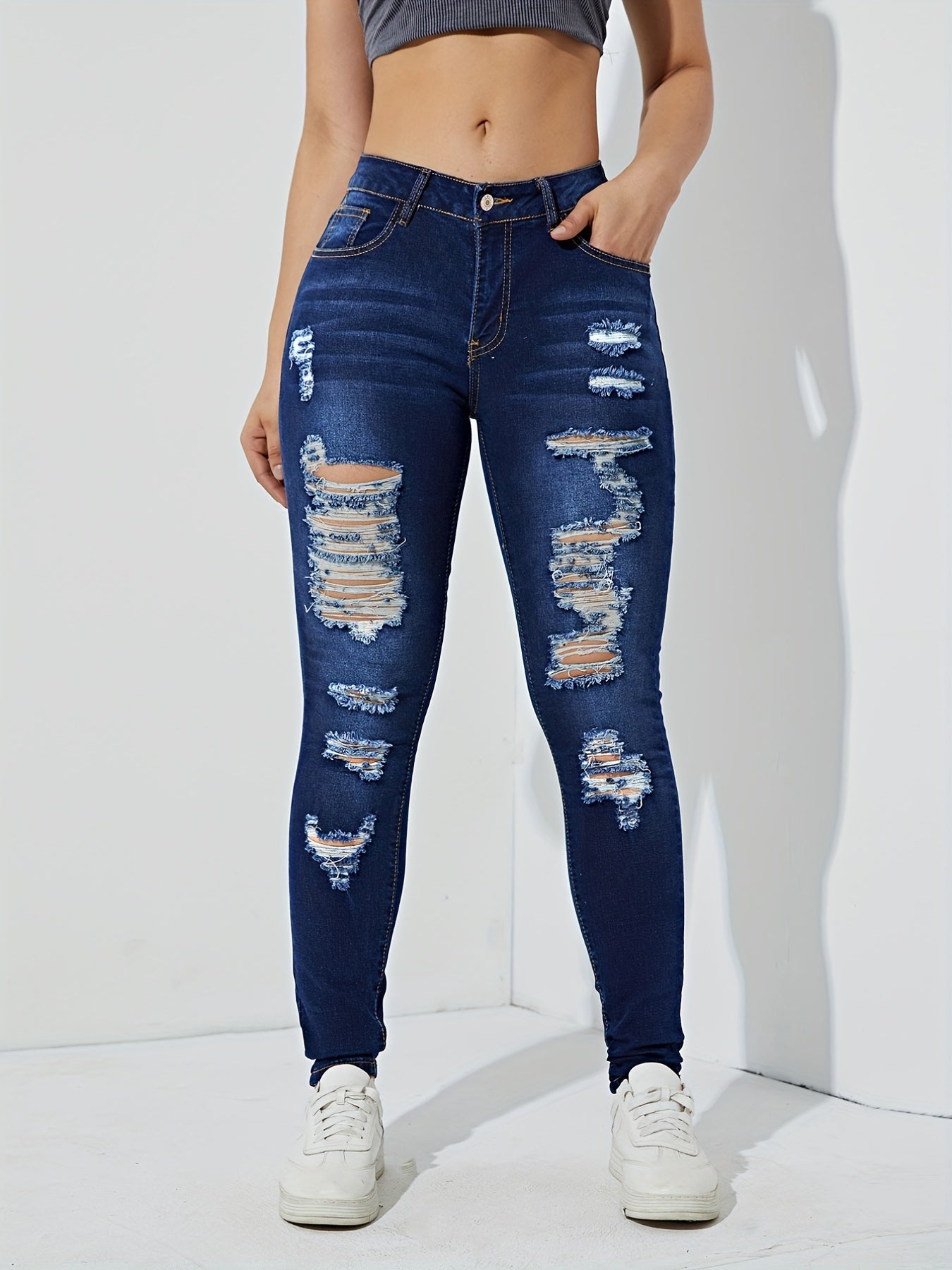 Ripped Skinny Jeans Slash Pockets Distressed High Rise Denim Pants