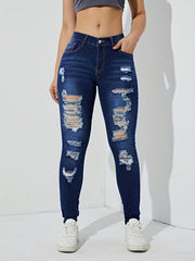 Ripped Skinny Jeans Slash Pockets Distressed High Rise Denim Pants