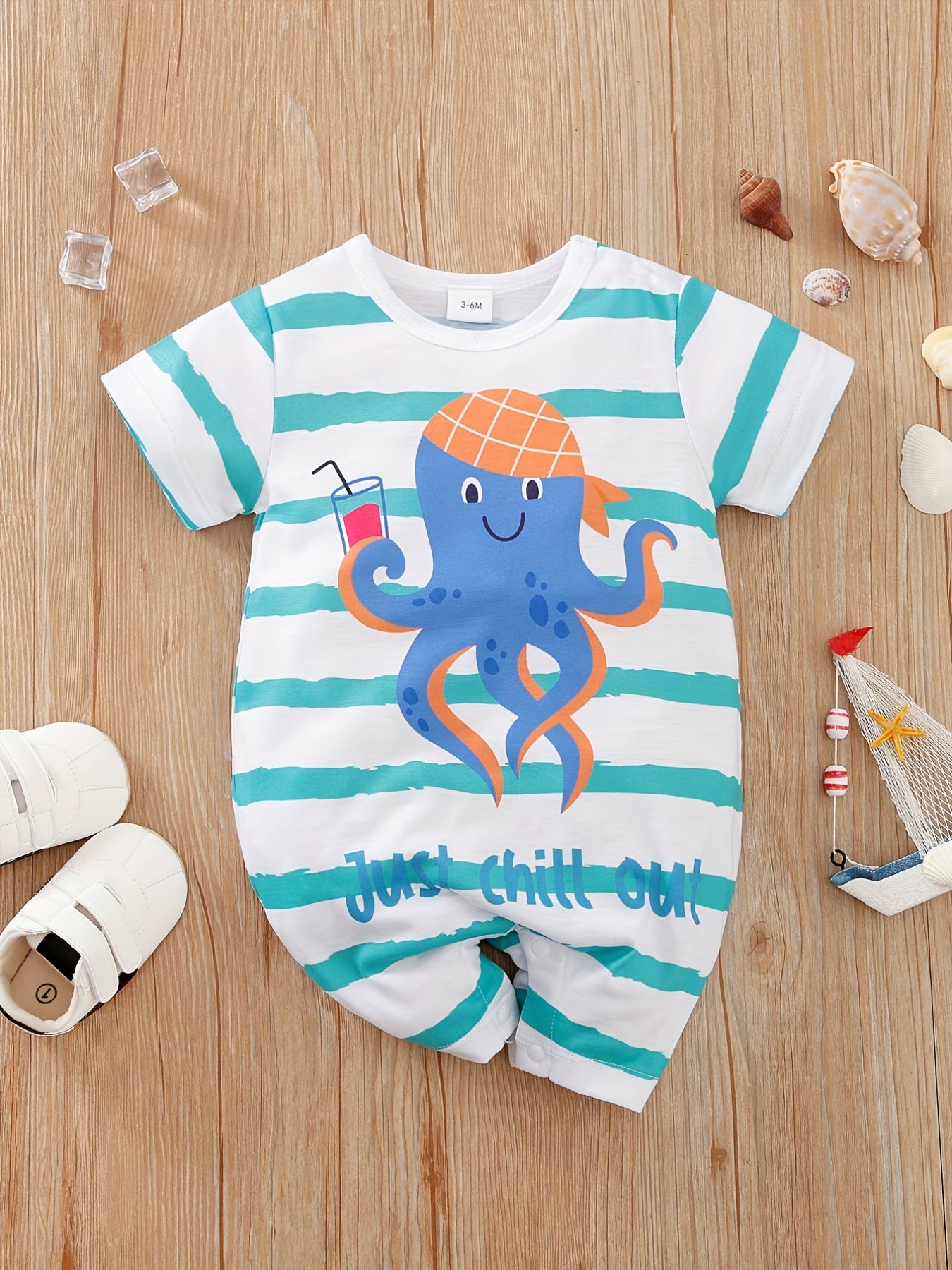 Octopus Graphic Print Short Sleeve Romper Jumpsuit for Baby Boys and Girls