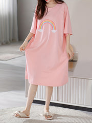 Rainbow Print Pullover Pajama Dress Mid Sleeve Nightgown