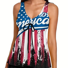 Independence Swimsuit Set Flag Print V Neck Tie Front Tank Top & Short