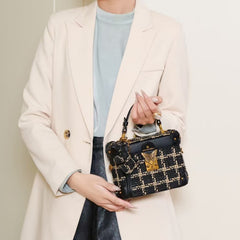 Vintage Plaid Leather Crossbody Bag Women Removable Strap Buckle Closure