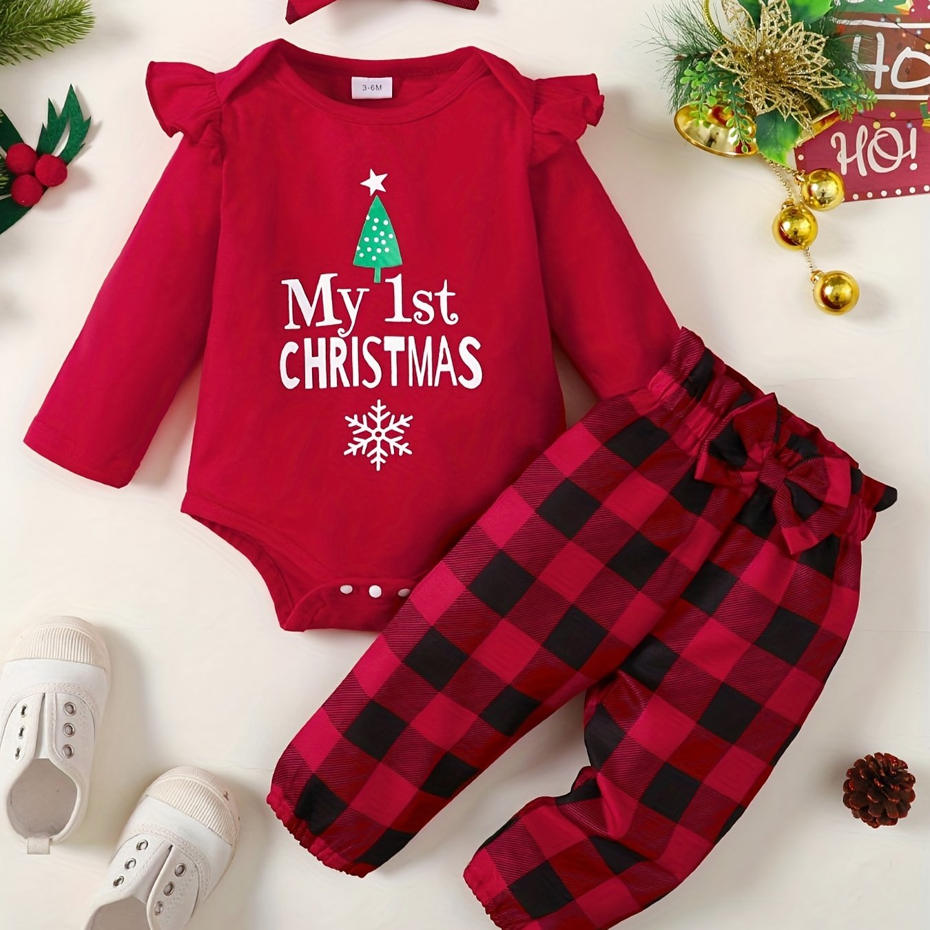 Baby Girls 3pcs Christmas Outfit MY 1ST CHRISTMAS Print Romper & Plaid Pants