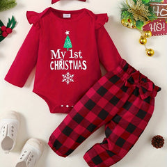 Baby Girls 3pcs Christmas Outfit MY 1ST CHRISTMAS Print Romper & Plaid Pants