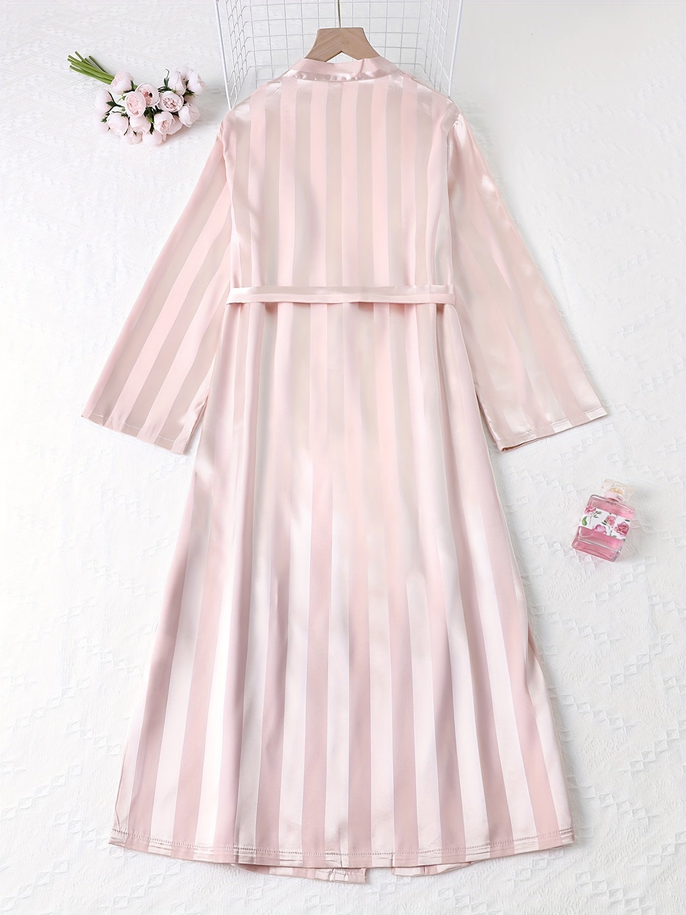 Striped Satin Night Robe Long Sleeve V Neck Robe With Belt