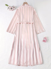 Striped Satin Night Robe Long Sleeve V Neck Robe With Belt