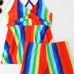 Rainbow Strip Layered Top & Panties Swimsuit Set