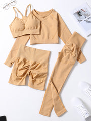 4pcs Women's Yoga Fitness Set Sleeveless Sports Bra Long Sleeve Thumb Hole Shirt