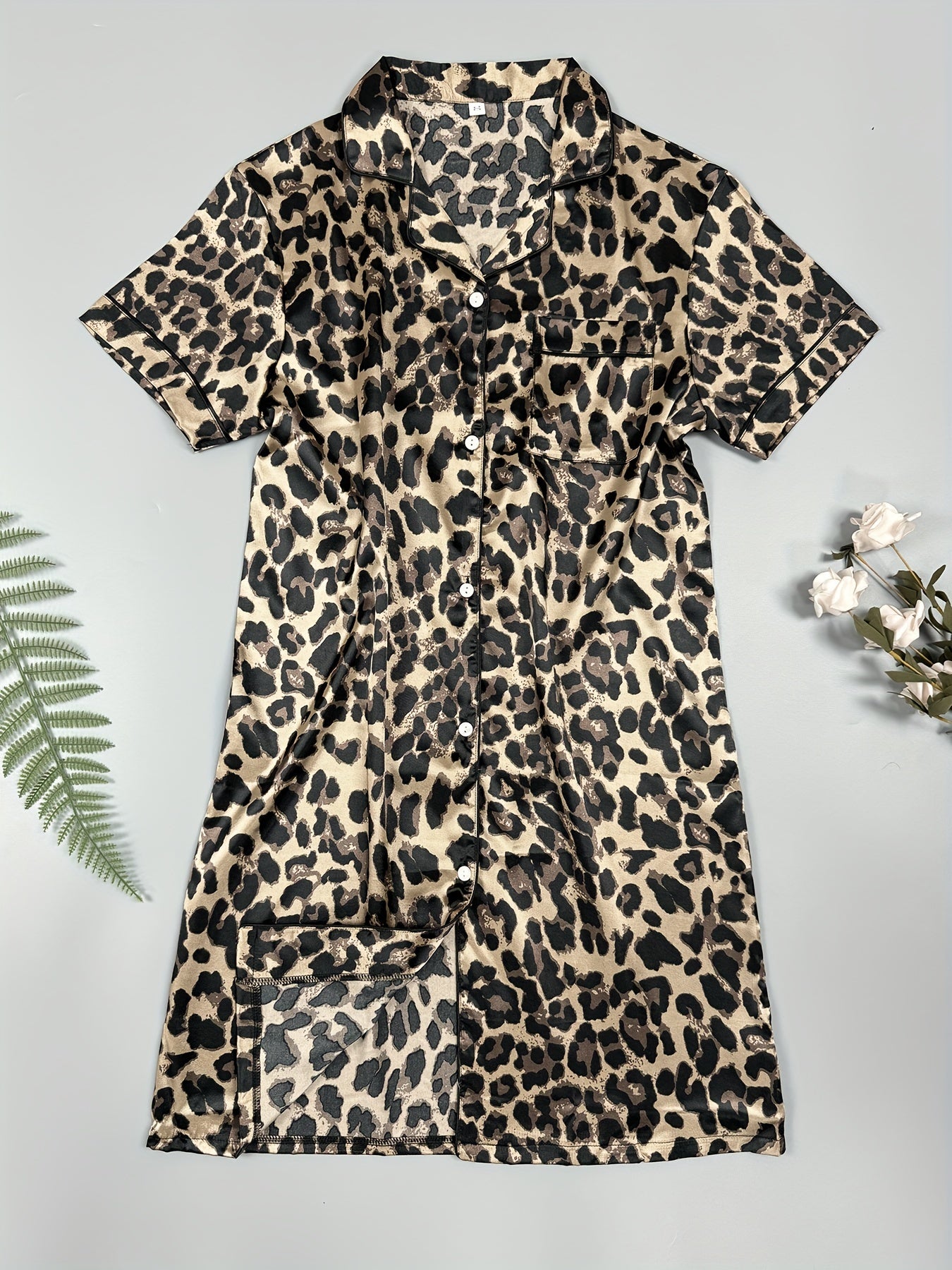 Leopard Satin NightDress Short Sleeve Pajama Dress Women's Sleepwear