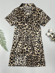 Leopard Satin NightDress Short Sleeve Pajama Dress Women's Sleepwear