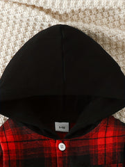 Boy's Plaid Block Hooded Shirt & Pants Set Spring Fall Outfit