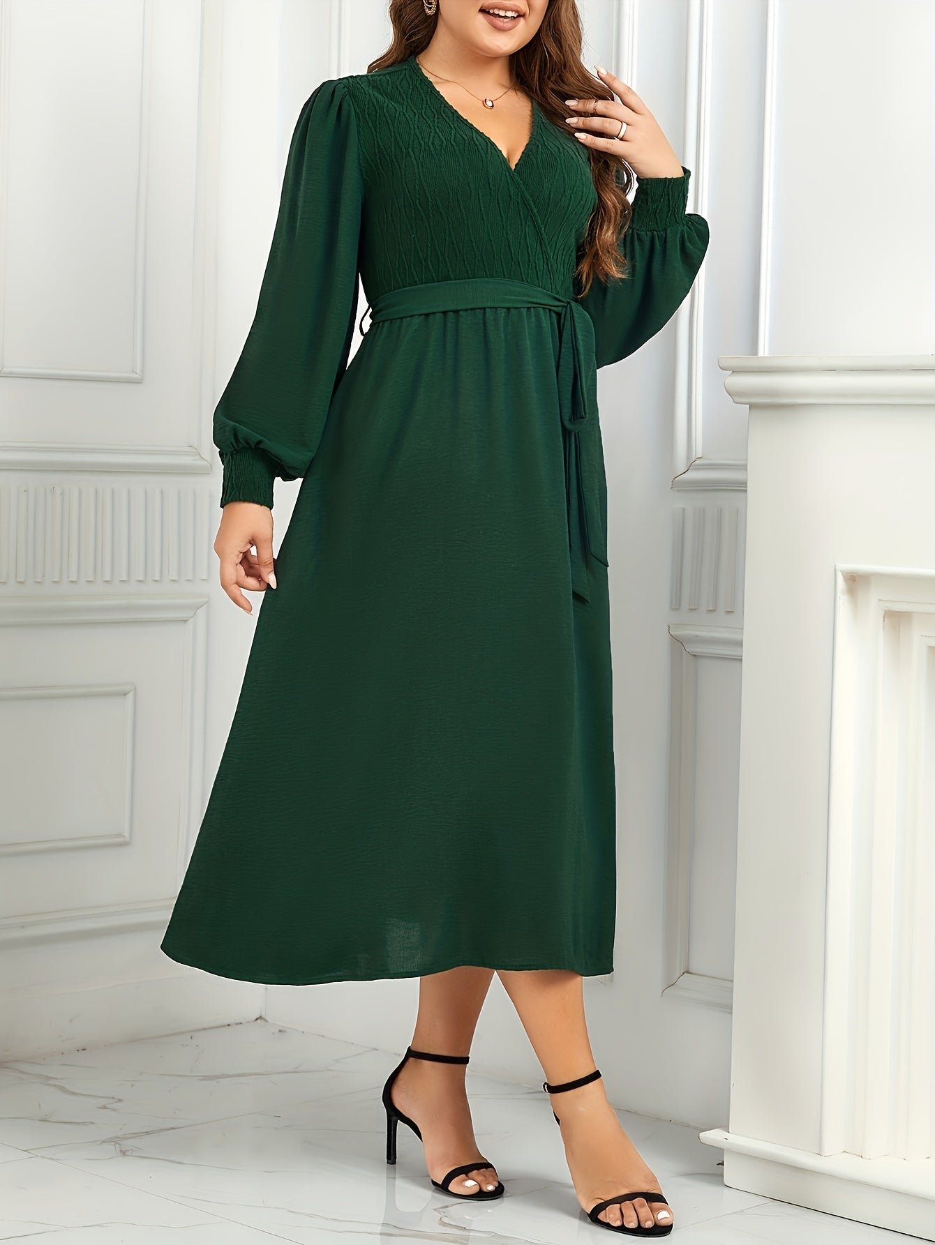 Solid Lantern Sleeve Maxi Dress With Belt