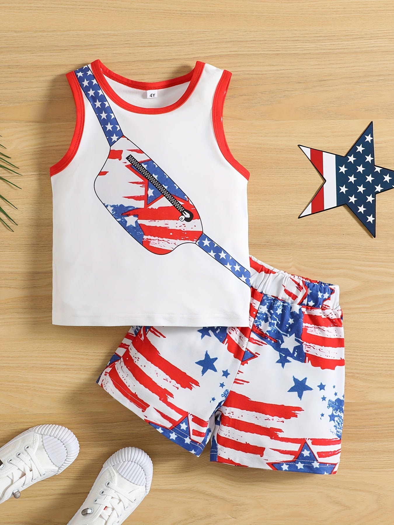 Boys American Flag Print Vest and Shorts Set