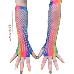 Rainbow Fishnet Party Gloves Punk Half Finger Nightclub Stretch Mesh Hip Hop