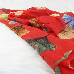 Ginkgo Leaf Print Red Scarf Vintage Shawl Turban Head Wrap Hijab