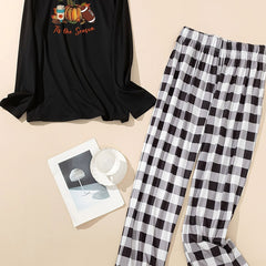 Pumpkin & Rugby Print Tee Plaid Pants Lounge Set