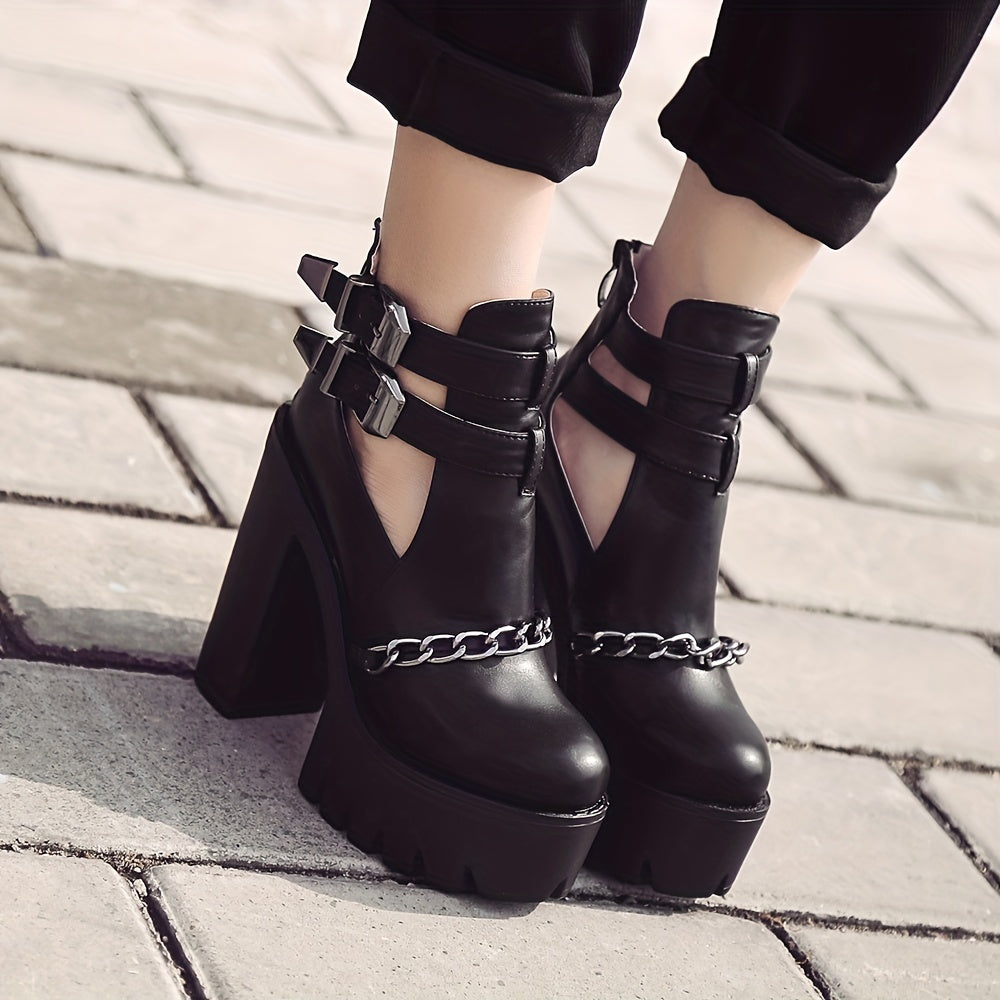 Goth Platform High Heels Chain Buckle Ankle Boots