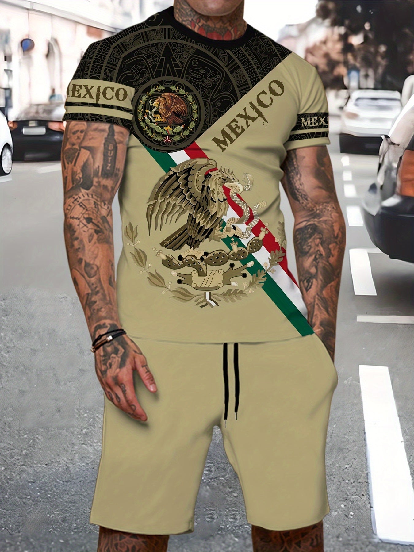 Mexico Eagle Pattern Men's 2 Piece Short Sleeve T-shirt & Shorts Set