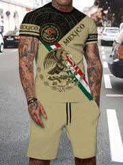 Mexico Eagle Pattern Men's 2 Piece Short Sleeve T-shirt & Shorts Set