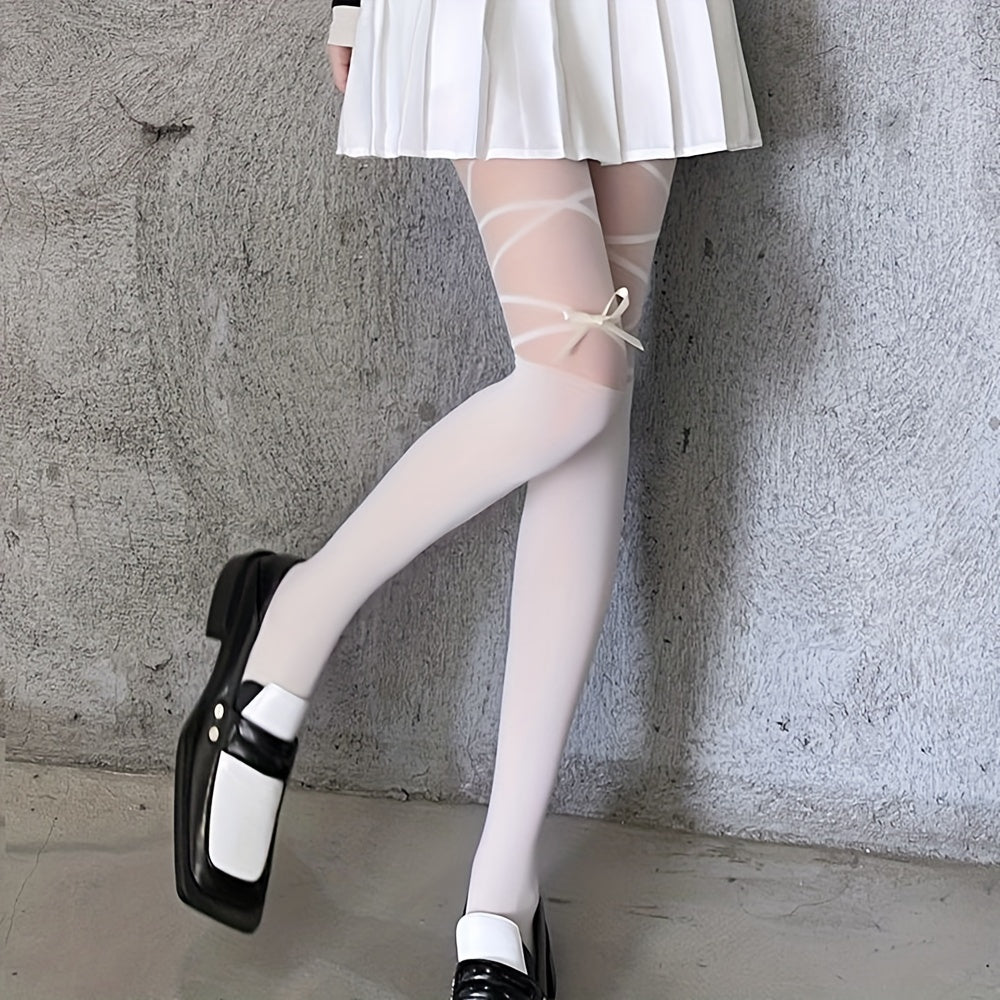 Criss Cross Pattern Bow Tie Pantyhose Semi Sheer Stockings