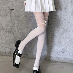 Criss Cross Pattern Bow Tie Pantyhose Semi Sheer Stockings