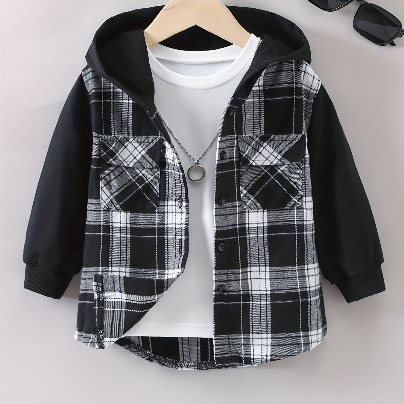 Kids Plaid Hooded Jacket Casual Button Down Hoodie