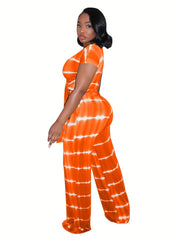 Tie Dye Casual Set Short Sleeve Lace Up T shirt & Pants Outfits