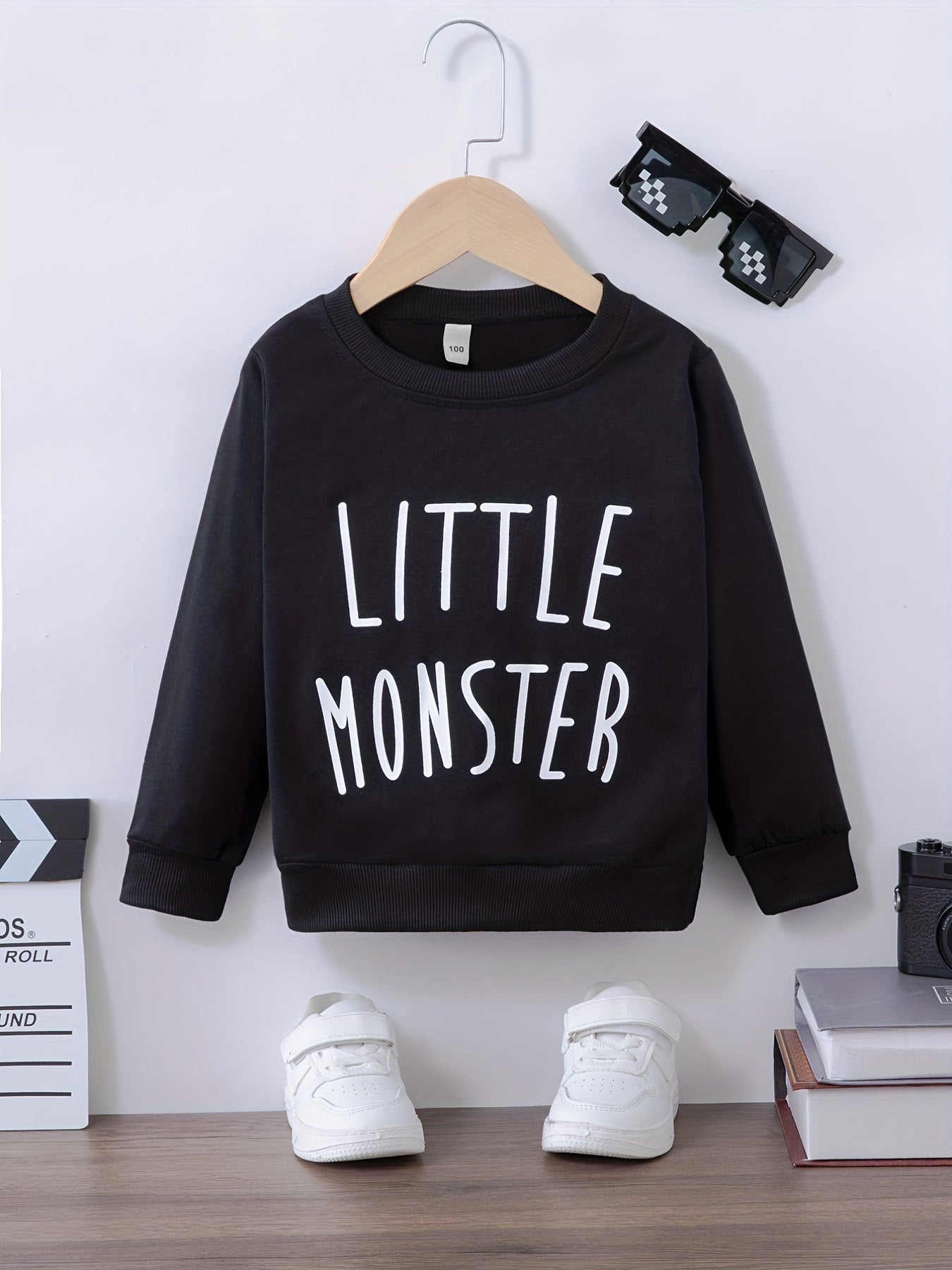 LITTLE MONSTER Letter Print Boys Casual Sweatshirt Long Sleeve Crew Neck Tops