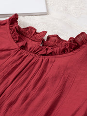 Ruffle Neck Belted Dress Long Sleeve Solid