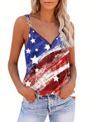 Plus Size Flag Print V Neck Cami Top Medium Stretch Independence Casual