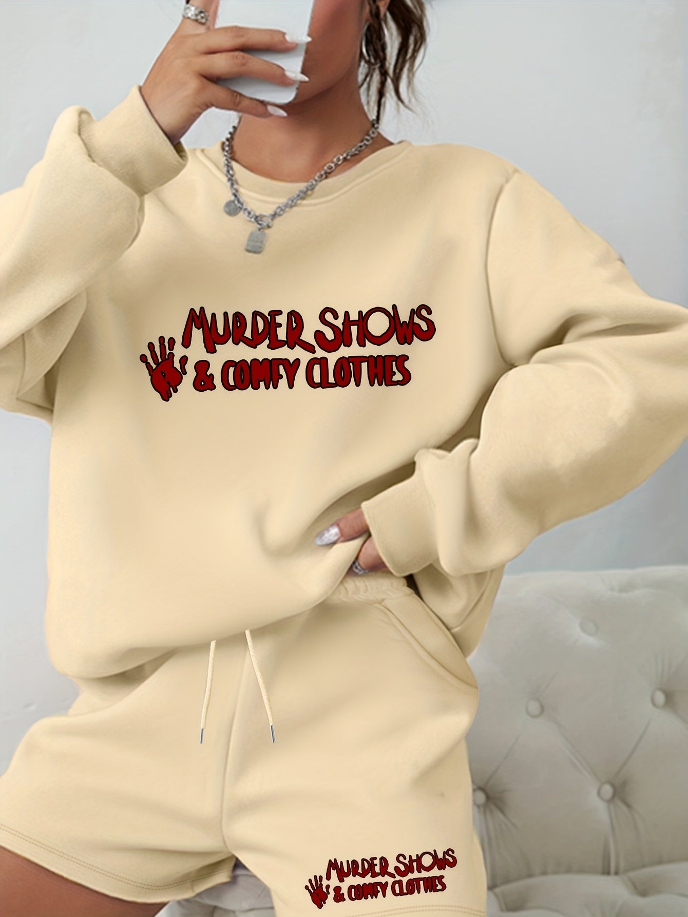 2PC Set Women's Plus Letter Print Sweatshirt & Shorts