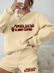 2PC Set Women's Plus Letter Print Sweatshirt & Shorts