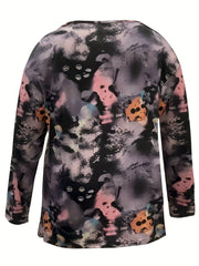 Tie Dye & Letter Print Long Sleeve Crew Neck Tee