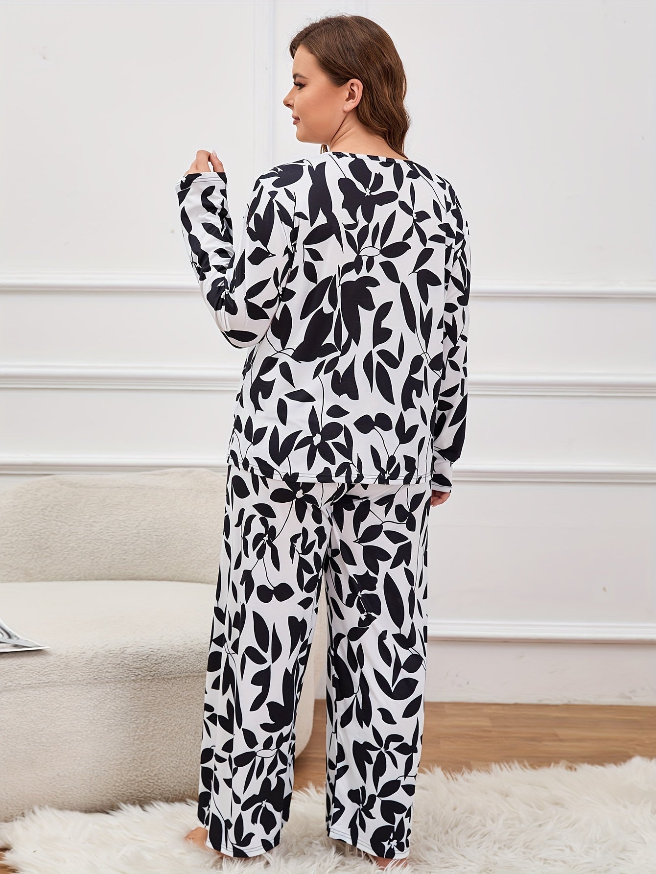 Leaf & Floral Print Pajama Set Long Sleeve Round Neck Tee & Pants