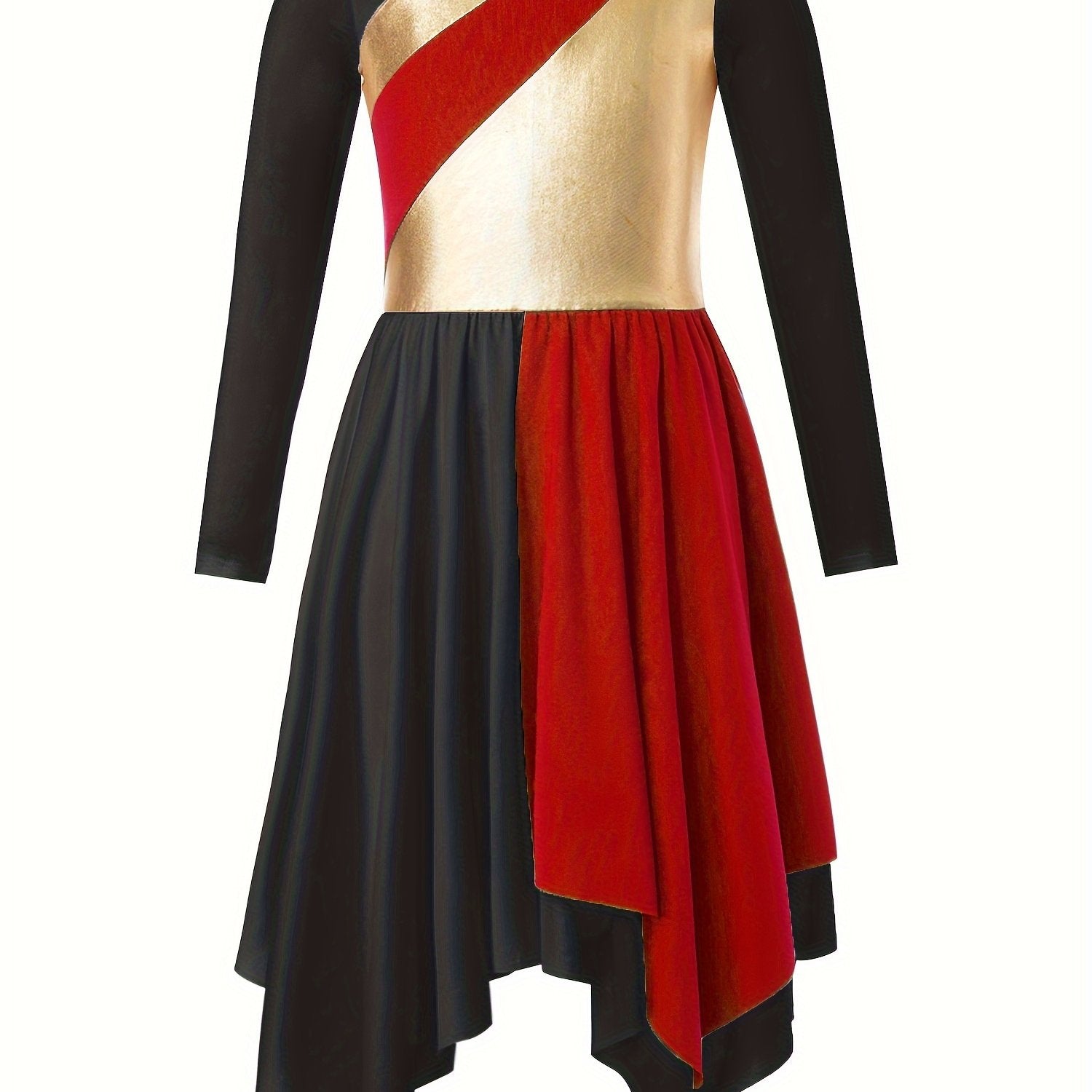 Girls Splicing Crew Neck Long Sleeve Dance Dress