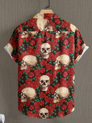 Skull & Rose Print Men's Casual Short Sleeve Shirt