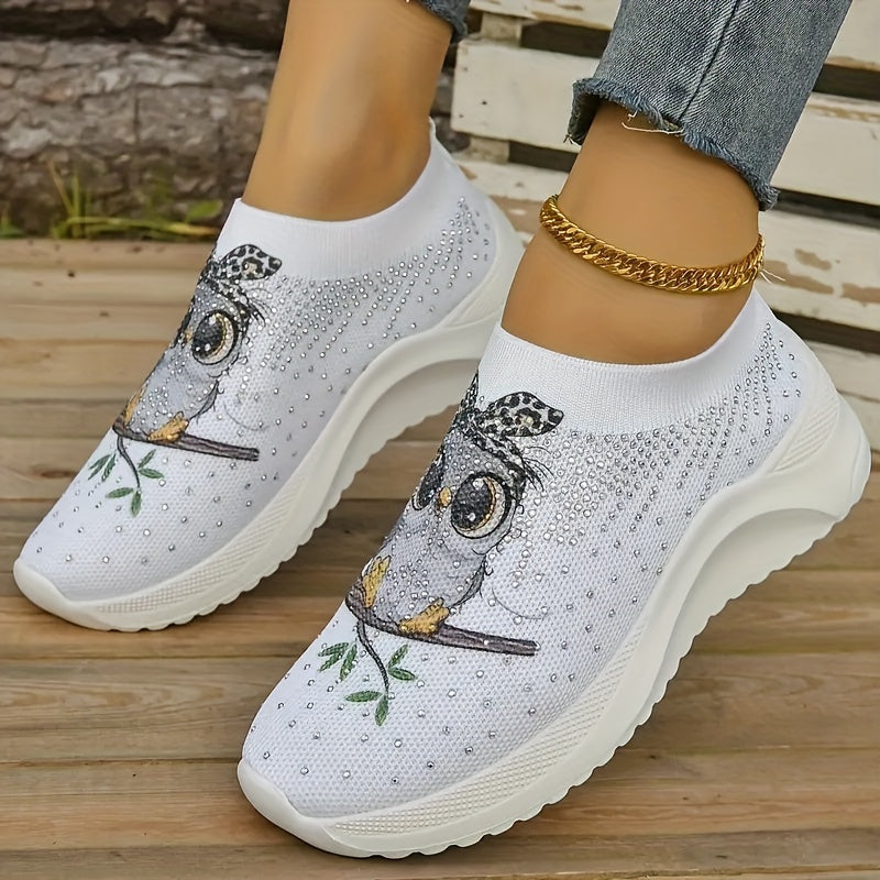 Women's Owl Cartoon Print Rhinestone Tennis Shoes Lightweight Non slip