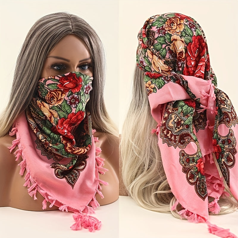 Vintage Print Square Scarf 27.5 Fringed Headband Sunscreen Warm Shawl
